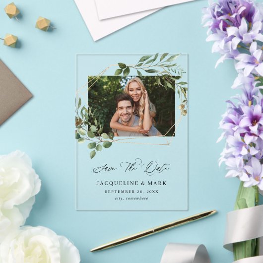 Leaves & Eucalyptus Gold H Foto Save the Date Acryl Uitnodigingen (Insitu (Huwelijk))