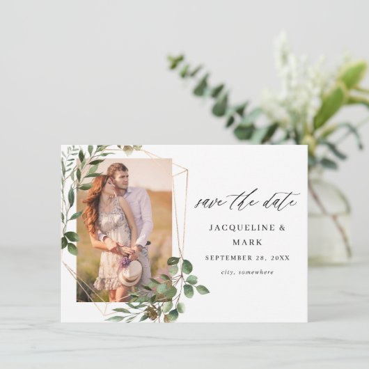 Leaves & Eucalyptus Gold V Foto Save the Date (Staand voorkant)