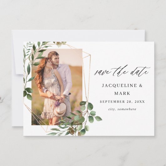Leaves & Eucalyptus Gold V Foto Save the Date (Voorkant)