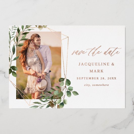 Leaves & Eucalyptus Gold V Foto Save the Date Folie Uitnodiging (Voorkant)