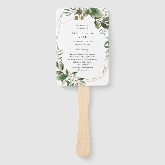 Leaves & Eucalyptus Gold Weddenprogramma Handwaaier (Voorkant)