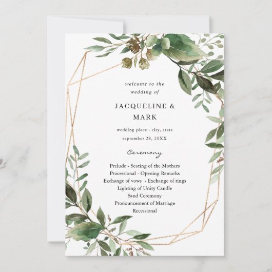 Leaves & Eucalyptus Gold Wedding Ceremony Program Kaart (Voorkant)