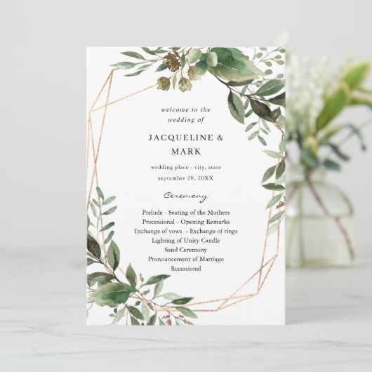 Leaves & Eucalyptus Gold Wedding Ceremony Program Kaart (Staand voorkant)