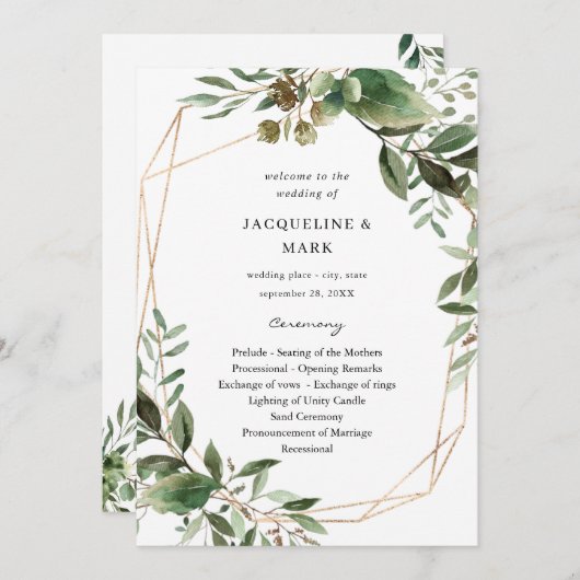 Leaves & Eucalyptus Gold Wedding Ceremony Program Kaart (Voorkant / Achterkant)
