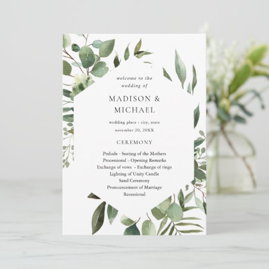 Leaves & Eucalyptus Rustic Wedding Ceremony Progra Kaart (Staand voorkant)