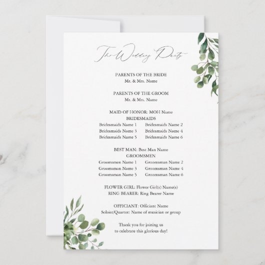Leaves & Eucalyptus Rustic Wedding Ceremony Progra Kaart (Achterkant)