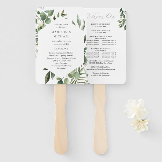 Leaves & Eucalyptus Rustic Wedding Program Handje  Handwaaier (Voorkant en achterkant)