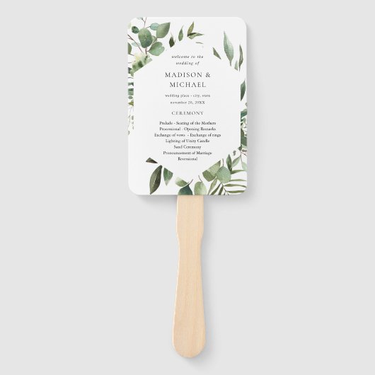 Leaves & Eucalyptus Rustic Wedding Program Handje  Handwaaier (Voorkant)