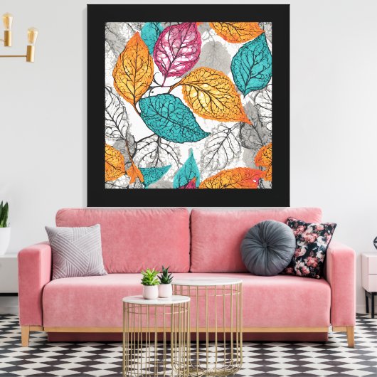 Leaves in Turquoise, Yellow, Pink and Grey  Canvas Afdruk (Insitu (Woonkamer))