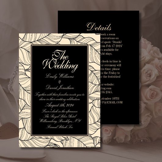 Leaves Line Art Zwart Beige Kaart