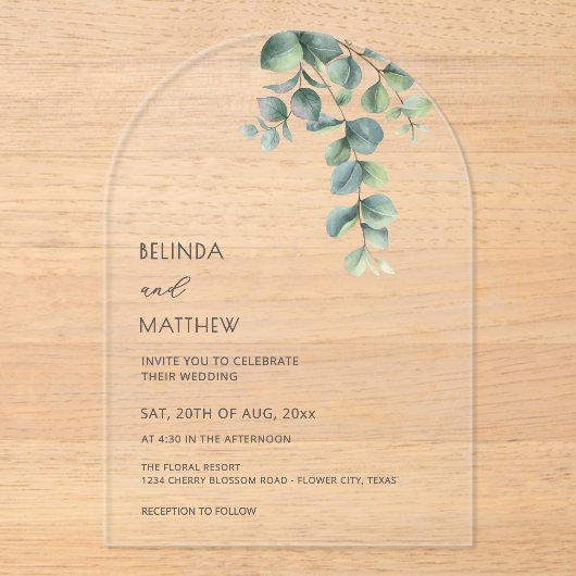 Leaves Watercolor Flowers Clear Arch Acryl Uitnodigingen (Voorkant)