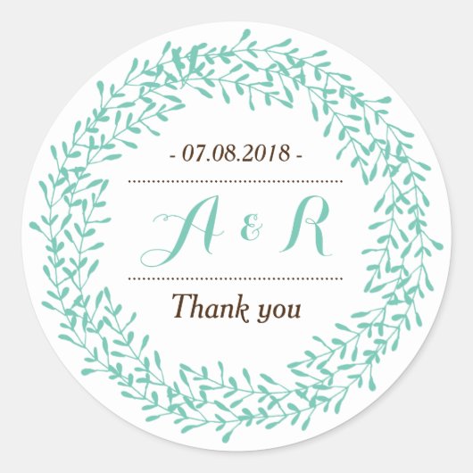 Leaves Wreator Monogram Wedding Bedankt Sticker (Voorkant)