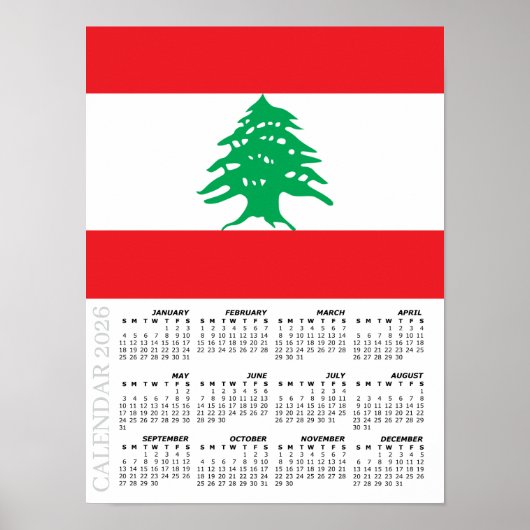 Lebanon 2026 Calendar, Large, Lebanese Flag Poster (Voorkant)