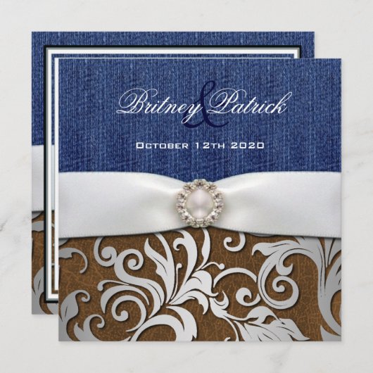 Leder en Denim Damask Westerne huwelijksuitnodigin Kaart (Voorkant / Achterkant)