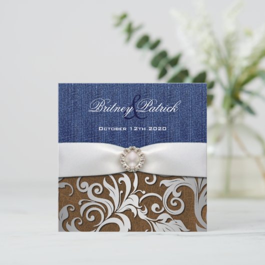 Leder en Denim Damask Westerne huwelijksuitnodigin Kaart (Staand voorkant)