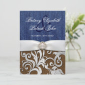 Leder en Denim Damask Westerne huwelijksuitnodigin Kaart (Staand voorkant)