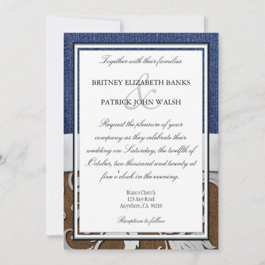 Leder en Denim Damask Westerne huwelijksuitnodigin Kaart (Achterkant)