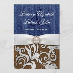Leder en Denim Damask Westerne huwelijksuitnodigin Kaart