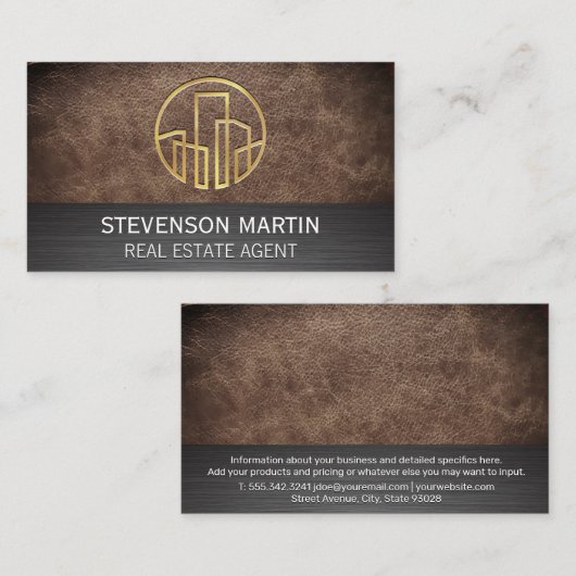 Leder en metaal | Gouden gebouwen in reliëf Visitekaartje (Voorkant / Achterkant)