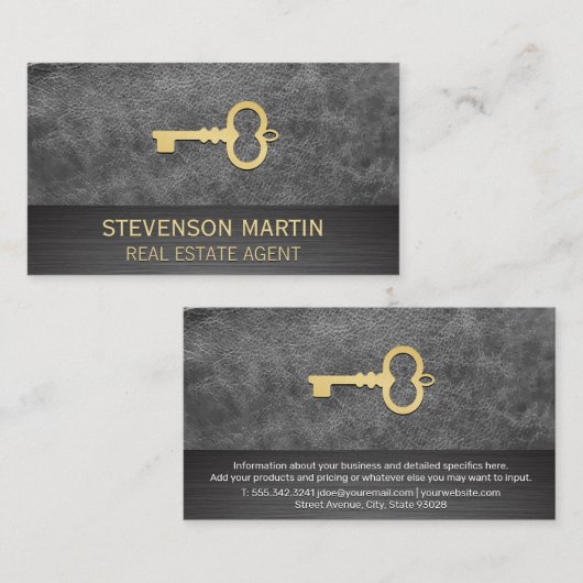 Leder en metaal | goudskeletsleutel visitekaartje (Voorkant / Achterkant)