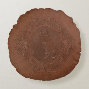  leder met bruine paardenkop rond kussen