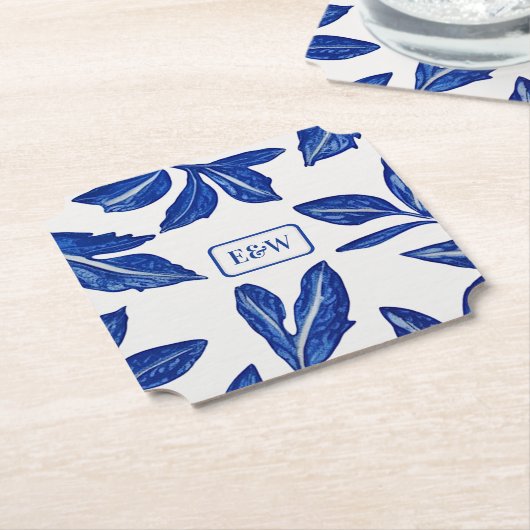 leder met Couple's Monogram - Blauw & wit Kartonnen Onderzetters (Gekanteld)