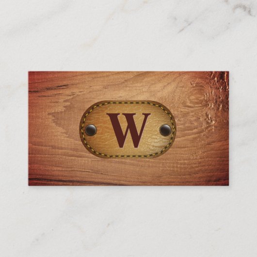 Leder | Monogram Bruin Gestikt | Houtnerf Visitekaartje (Voorkant)