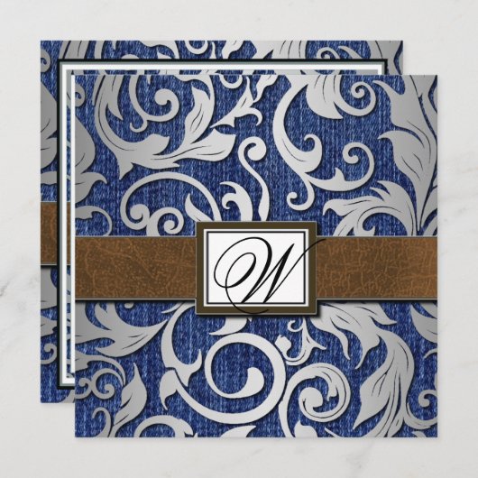 Leder Monogram Denim Westerne huwelijksuitnodiging Kaart (Voorkant / Achterkant)