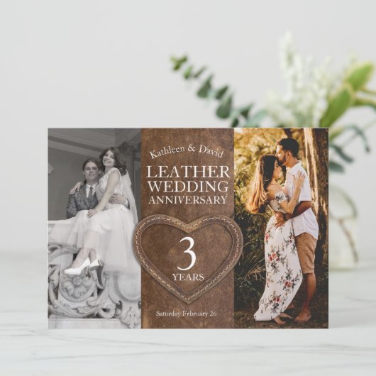Lederen 3e bruiloft verjaardag hart partij kaart (Staand voorkant)