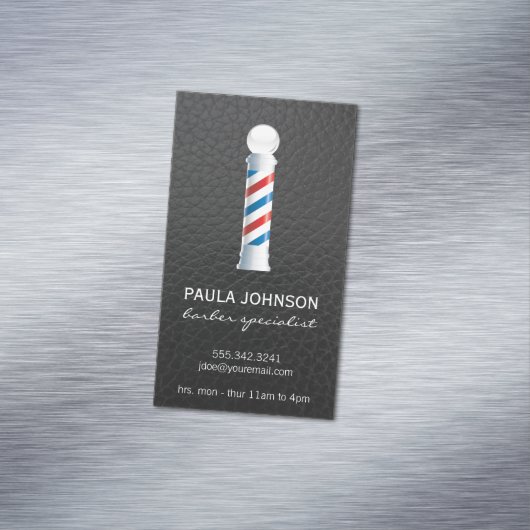 Lederen achtergrond voor afspraak barber pole magnetisch visitekaartje (Voorbeeld)