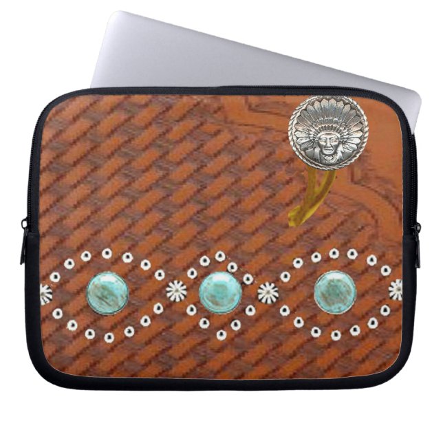 Lederen-"Apache" — Westerne laptophoes met Turquoi Laptop Sleeve (Voorkant)