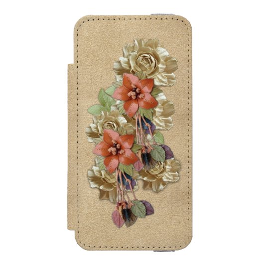 Lederen bloemen op Cream Suede Incipio iPhone Portemonnee Hoesje (Voorkant Agenda)