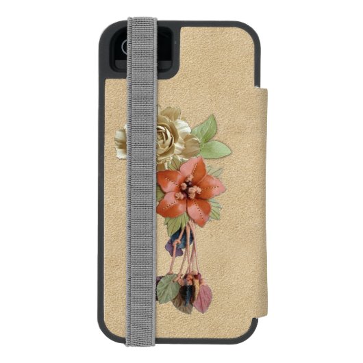 Lederen bloemen op Cream Suede Incipio iPhone Portemonnee Hoesje (Agenda Achterkant)