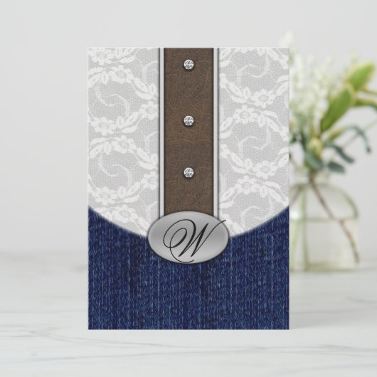 Lederen en Denim Westerne Lace Wedding-uitnodiging Kaart (Staand voorkant)