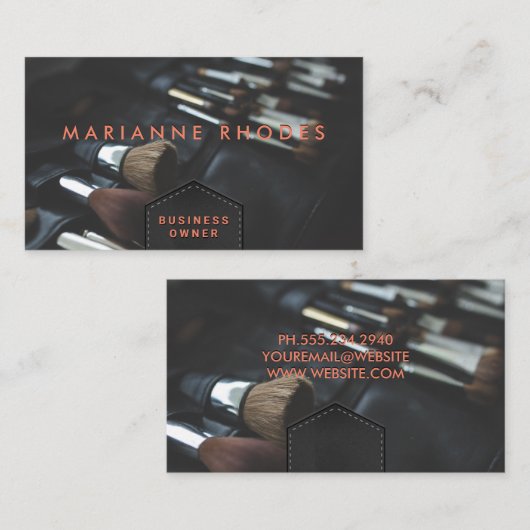 Lederen gestikte flap | Belettering penselen met r Visitekaartje (Voorkant / Achterkant)