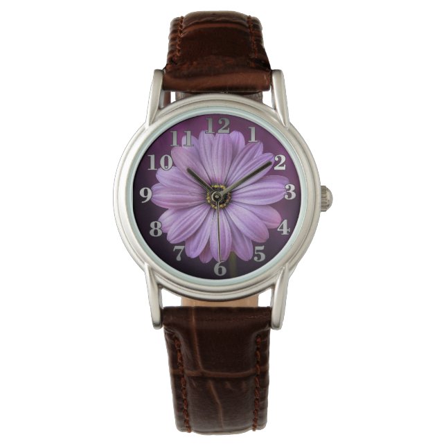  lederen horloge Violet flower Black (Voorkant)