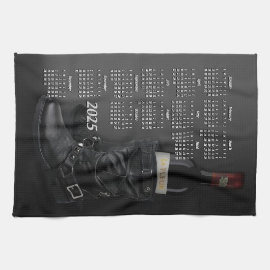 Lederen laarzen en wijnfles 2025 Kalender Theedoek (Horizontaal)