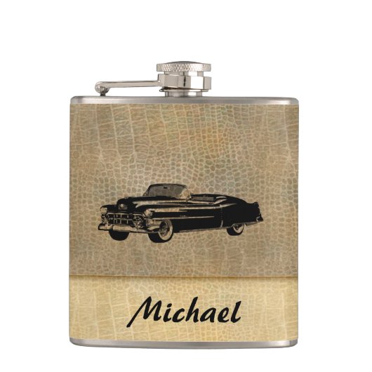 Lederen look  stijlvolle oude auto gepersonaliseer heupfles (Voorkant)