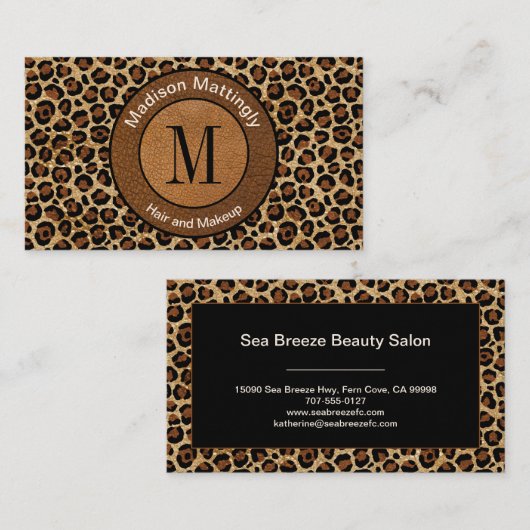 Lederen luipaard Modern Boho Chic Monogram Visitekaartje (Voorkant / Achterkant)