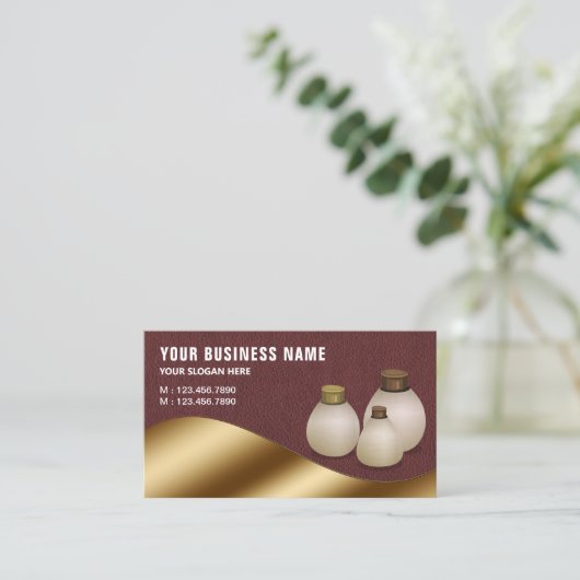 Lederen Metallic Goud Aroma Olie Parfum Fles Visitekaartje (Staand voorkant)