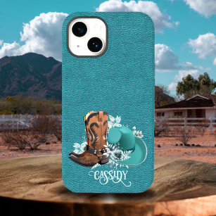 Lederen textuur cowgirl brown turkooise Case-Mate iPhone 14 hoesje