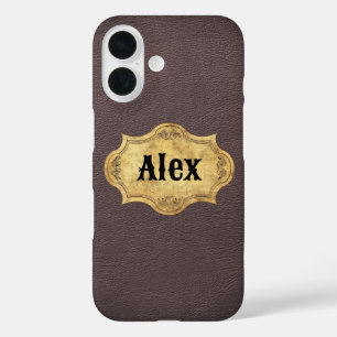 Lederen textuur met Grunge Badge iPhone 16 Hoesje