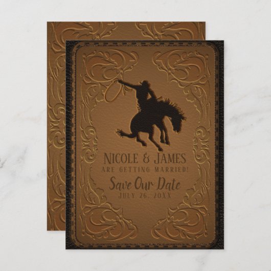 Lederen Western Wild West Cowboy Bewaar de datum Aankondigingskaart (Voorkant / Achterkant)