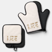 Lee Hmong Achternaam Beige Geruit Ovenwant & Pannenlap Set (Voorkant / Achterkant)