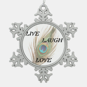 Leef de Veer van de Pauw van de Liefde van de Lach Tin Sneeuwvlok Ornament
