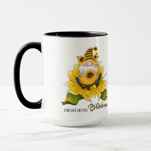 "Leef het leven in volle bloei" Kabouter/Zonnebloe Mok (Links)
