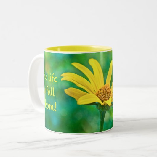 Leef in volle bloei! Gele bloem Tweekleurige Koffiemok (Voorkant links)