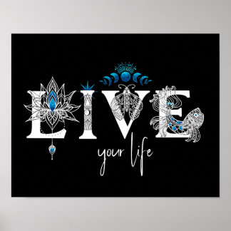 Leef je leven zwart blauw schitteren Lotus maan Zo Poster