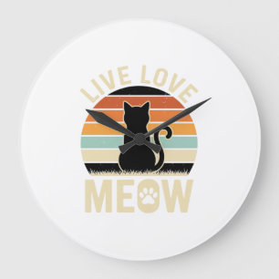 Leef Lief Meow Vintage Kat Zonsondergang Design_1 Grote Klok