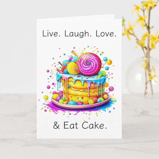 Leef, Liefde, Lach en Eet Cake | Verjaardag Kaart (Gele Bloem)